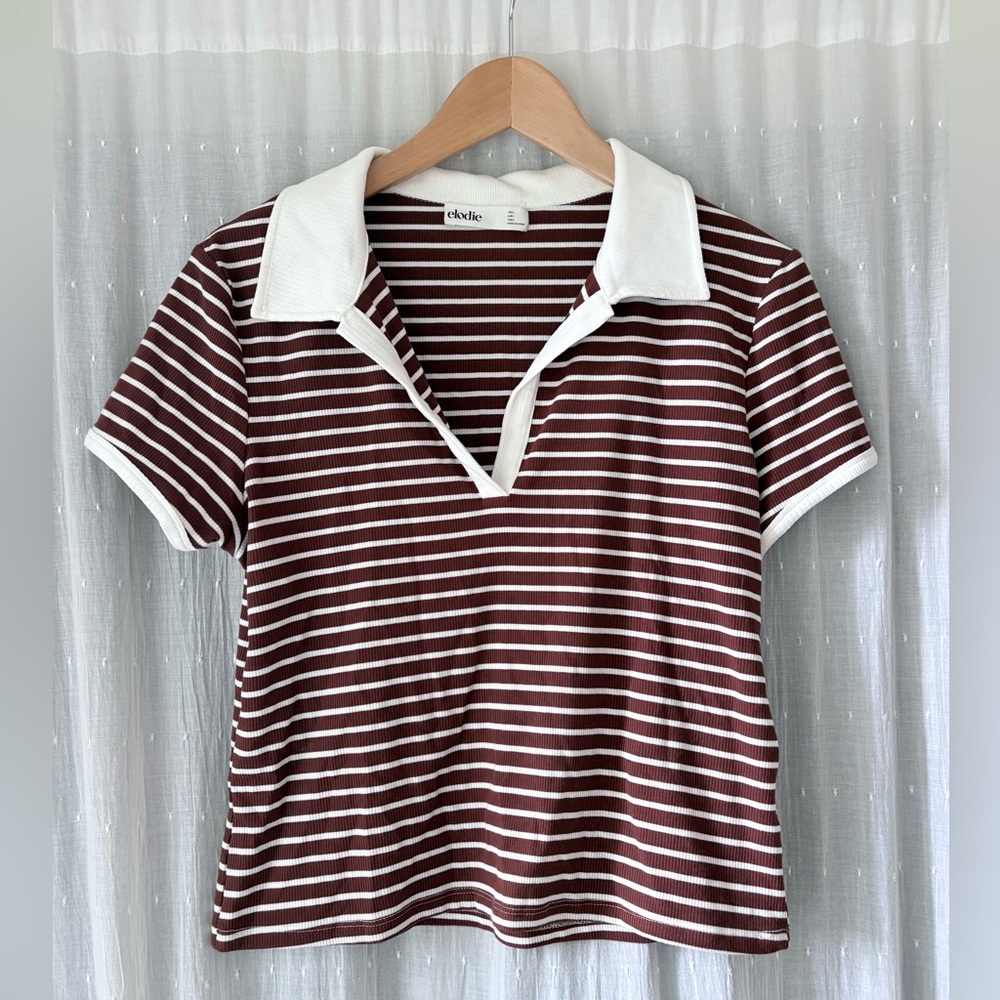Elodie Women's Striped Polo Top - Brown and White
